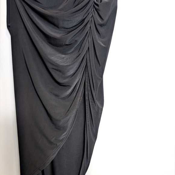 Black Asymmetrical Side Ruched Semi-Formal Fitted Midi Party Dress Size Medium - Picture 3 of 5